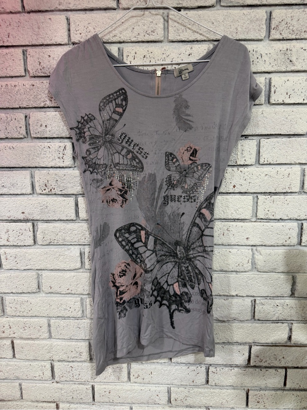 Vintage Guess Gray Short Sleeve Butterfly Tee/dress with Pink Accents
